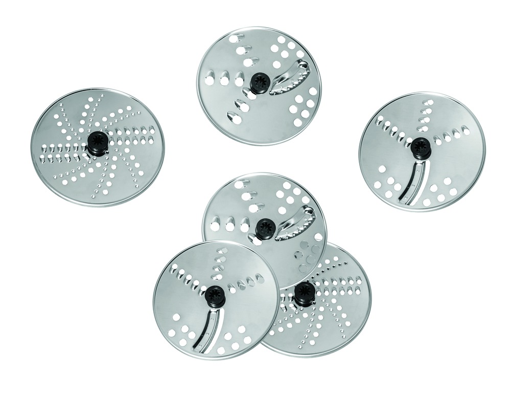 Five round food grater blades with different hole sizes and patterns on a white background.